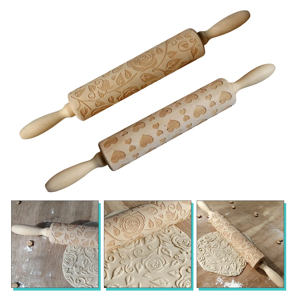 

Rolling Pin Roller Embossedengraved Dough Fondant Wooden Flower Carved Heart Cookiebakingpattern Valentine Stick