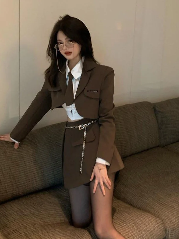 Женский костюм блейзер + юбка рубашка комплект из 3 предметов коричневые