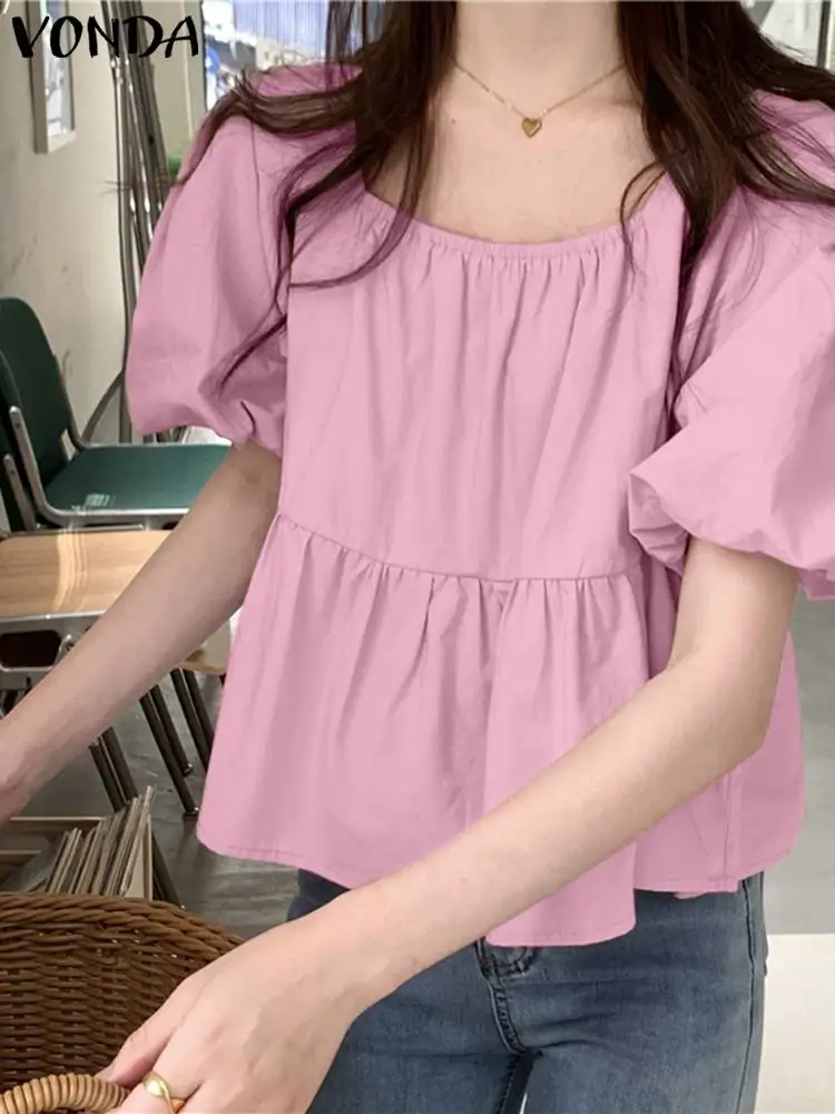

VONDA Women Ruffled Shirts Loose Short Puff Sleeve Tops 2023 Fashion Blouses Summer Sexy Square Collar Solid Blusas Femininas