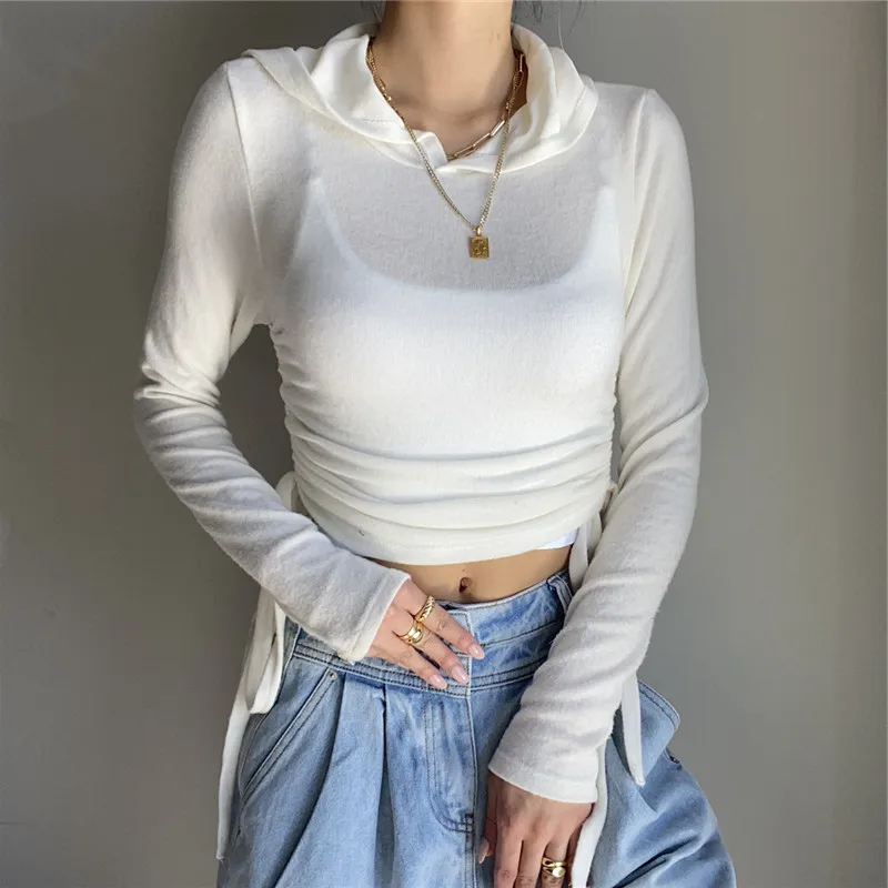 

High-necked Long-sleeved Drawstring Women's Retro Hooded Sexy See-through Slim-fitting Drawstring Long-sleeved Top Street Tshirt