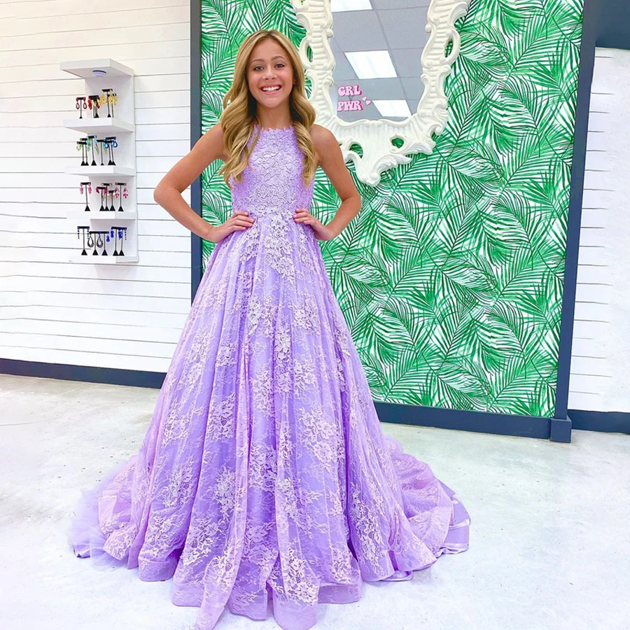 

High Neck Lilac Tulle and Lace Flower Girl Dress A-line Formal Dress for Little Gril Vestidos Coctel Elegantes