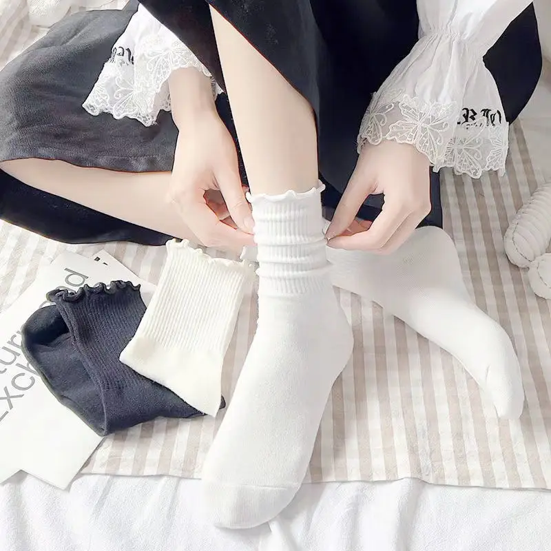 Ruffle Socks Women Girls Solid Color Kawaii Cute Frilly Lolita Japanese Maiden Cotton Harajuku Princess Crew Tube Middle Socks