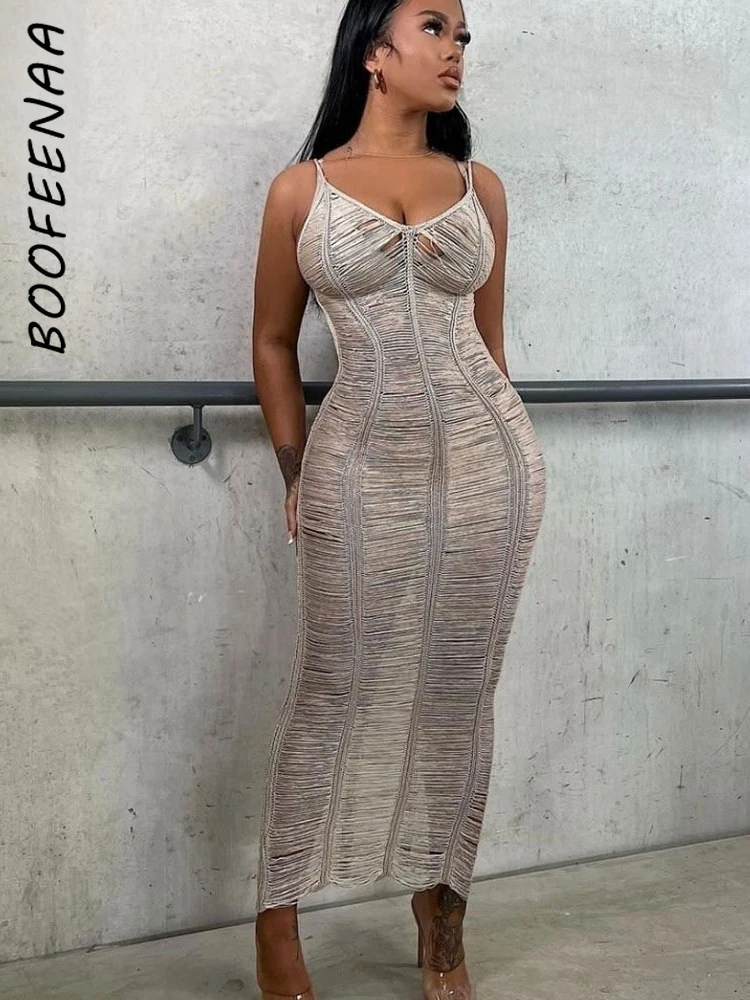 

BOOFEENAA Crochet Knitted Long Maxi Dresses Sexy Summer 2022 Beach Vacation Outfits V Neck Backless Bodycon Dress C82-CH17