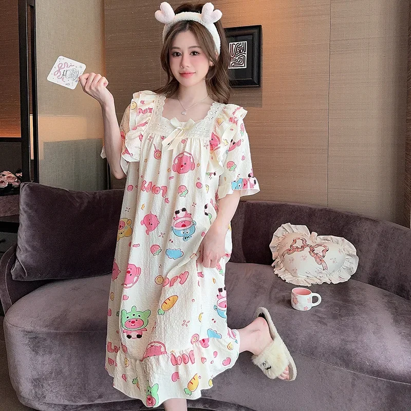 Летнее Хлопковое платье для сна из пузырьков Женская милая Домашняя одежда