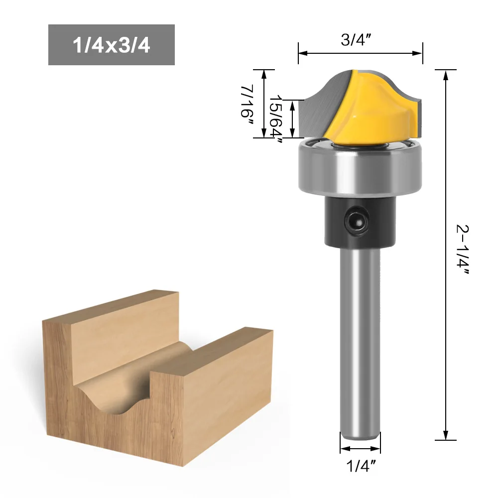 

Концевая насадка хвостовика 1/4 дюйма (6,35 мм) и Концевая фреза с верхним диаметром подшипника-3/4 дюйма, длина резки-7/16 дюйма