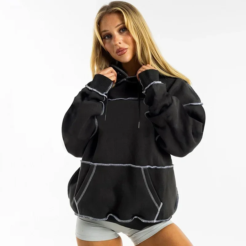 Модные женские толстовки с прострочкой топы свободные пуловеры капюшоном