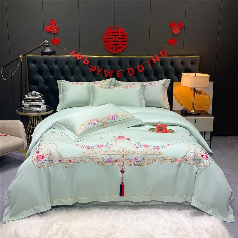 

Chic Embroidery Duvet Cover Set Double Queen King 4Pcs Red Sateen Cotton Luxury Bedding,Comforter Cover Bed Sheet Pillowcases