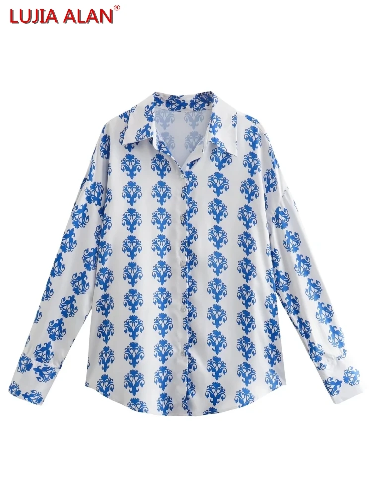 

Women Flower Print Turndown Collar Satin Shirt Summer Female Long Sleeve Blouse Loose Tops Streetwear LUJIA ALAN B277