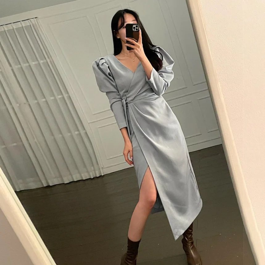 

V-Neck Midi Dress Korean Chic Slim Waist Women Puff Sleeve Dresses Elegant Warp Dress Irregular Spring Party Sexy Vestidos N089