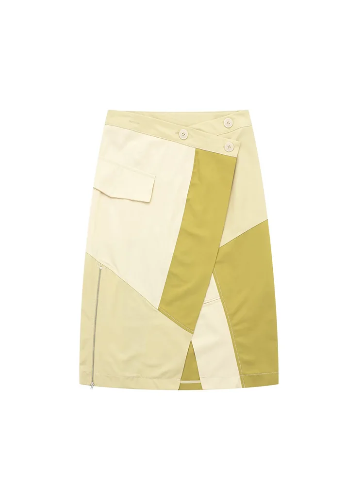 

Kumsvag 2023 Women Summer Skirts Fashion Patchwork Buttons Pockets Female Elegant Street Asymmetric Knee-Length Skirt Clothing