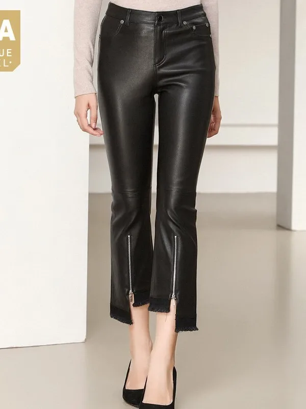 

Flared Split Asymmetrical Pants Zip Women Elastic Matte Genuine Leather Pants Ankle Length High Waist Push Up Skinny Trousers