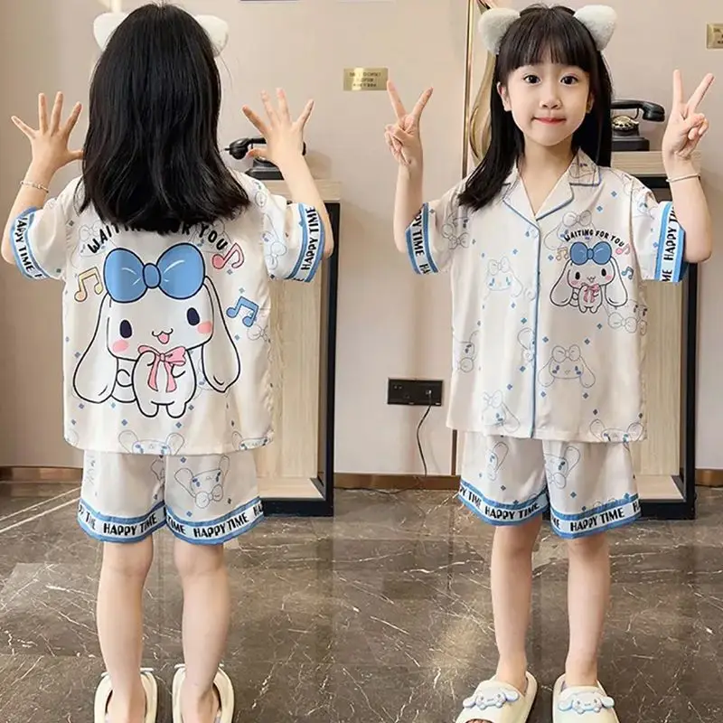 

Sanrio Hello Kitty Cartoon Kuromi Anime Children's Homewear T-Shirt Set Cinnmoroall Princess Style Pajamas Parent-Child Suit