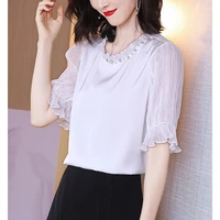 elegant ruffled neck folds beading flare sleeve loose chiffon shirt casual womens clothing tops oversized office lady blouse