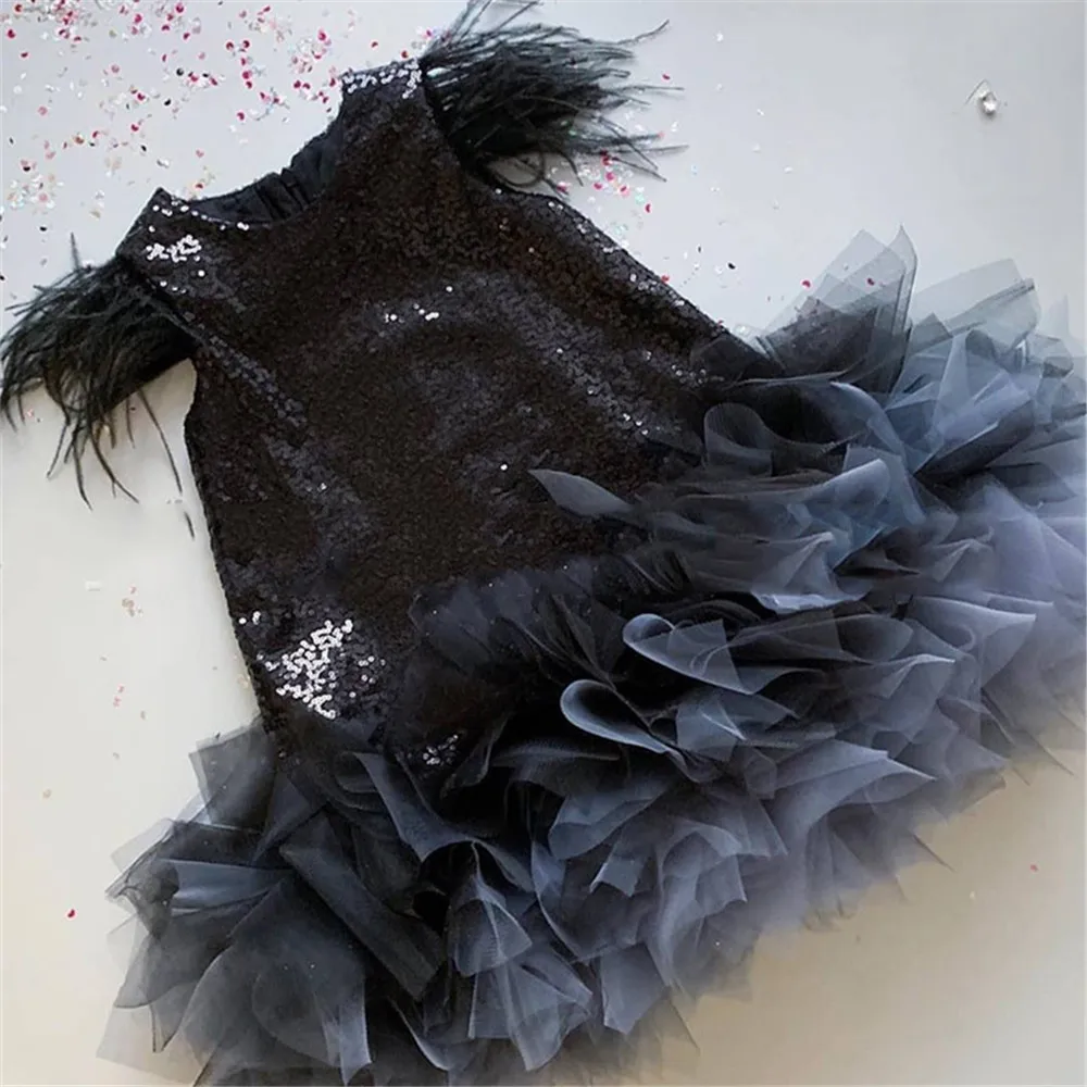 Золотые пышные платья с блестками для девочек свадебные принцессы перьями и