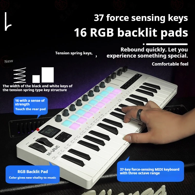 Фото Портативный MIDI-контроллер M-VAVE SMK-37 Pro с 37 клавишами ​   С встроенным синтезатором, 8 регуляторами, 16 RGB-педалями и 37-клавишной панелью для перкуссии. №3
