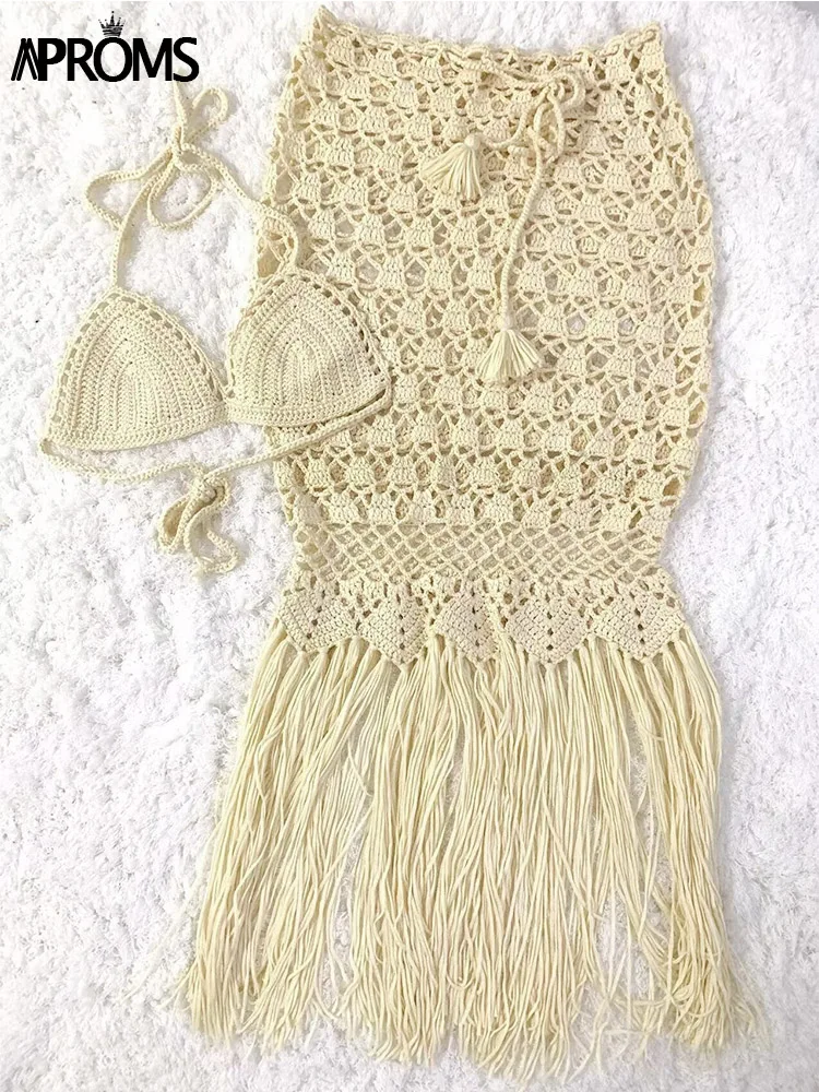 

Aproms Solid Cotton Handmade Crochet 2 Piece Set Dress Women Summer Beach Bikini Coverup Casual Halter Crop Top and Maxi Skirts