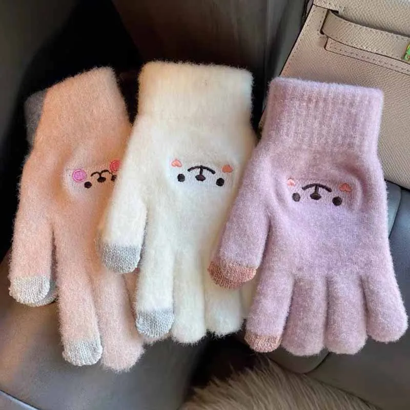 

Модные перчатки с рисунком смайлика, вязаные женские перчатки для сенсорного экрана, зимние плотные теплые мягкие норковые пушистые перчатки для взрослых