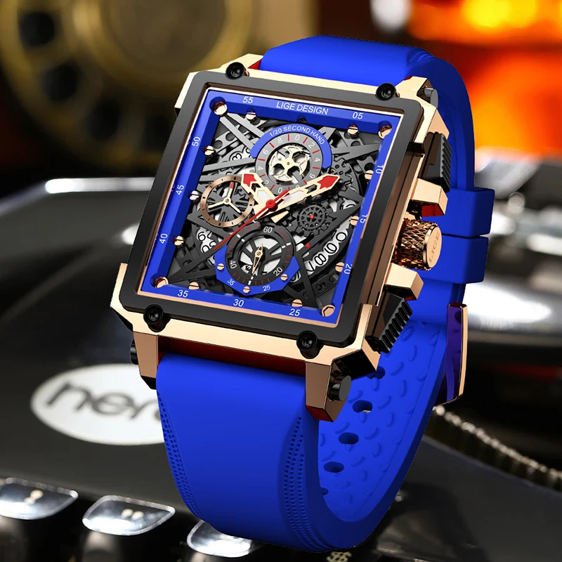 

LIGE Brand Luxury Men's Watch Creative Square Dial Sport Waterproof Silicone Quartz Gold Clock Man Watches Luminous Wristwatch