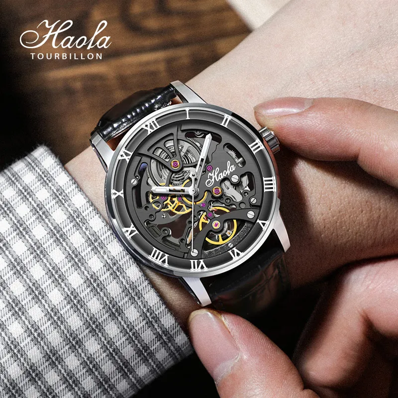 Фото Мужские механические наручные часы Haofa Skeleton Automatic, роскошные вращающиеся часы с сапфировым стеклом и керамической шкалой, relogio masculino 1933 №4