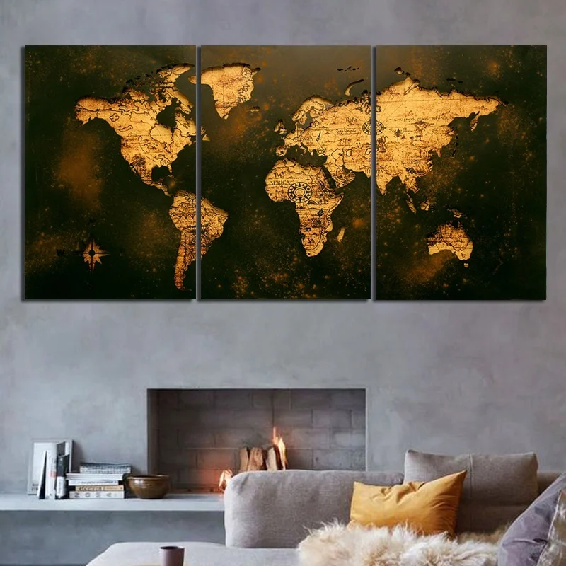 

3 Piece Vintage Golden World Map Picture Canvas Painting Oil Painting Modern Wall Art Picture Poster in Livingroom Decor Home