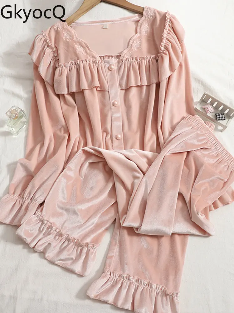 

Осень-зима 2022, Женский бархатный пижамный комплект, однобортная блузка с воланом, длинные узкие брюки, домашняя пижама, комплект из двух пре...