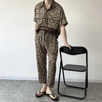 summer leopard sets men fashion retro casual short sleeved shirttrousers two piece men korean clothing loose mens sets m xl