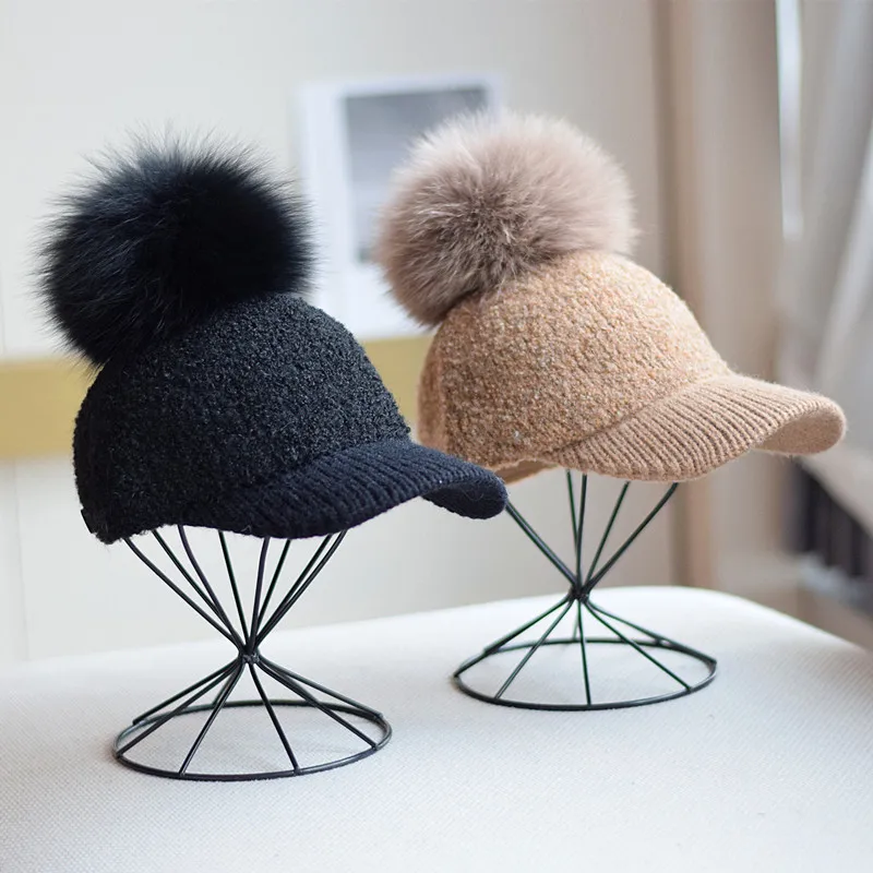 

Fox fur pom baseball cap Korean rabbit fur knitted peaked hat winter outdoor warm ear protection plush plus velvet baseball cap