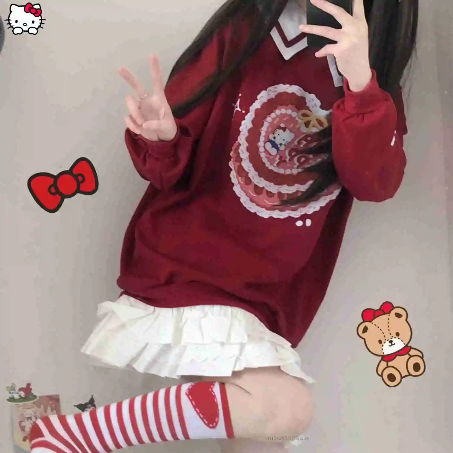 Sanrio Hello Kitty Spring Japanese Cute Korean Loose Shoulder Cartoon Sweater Navy Cap Kawaii Long Sleeve Clothes Lolita Girls