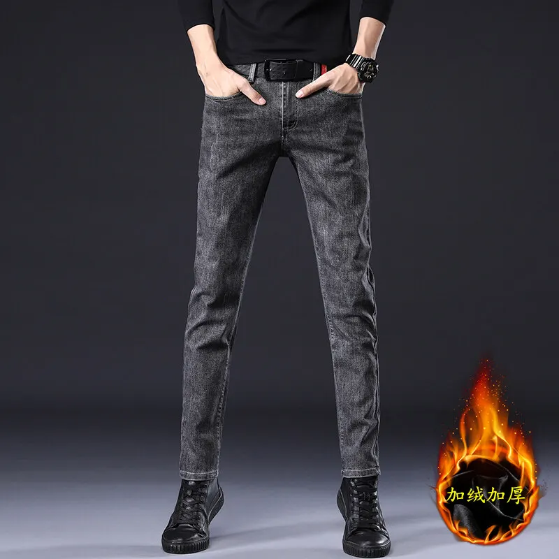 

Мужские популярные Стильные бархатные толстые дымчато-серые джинсы мужские эластичные корейские трендовые брюки