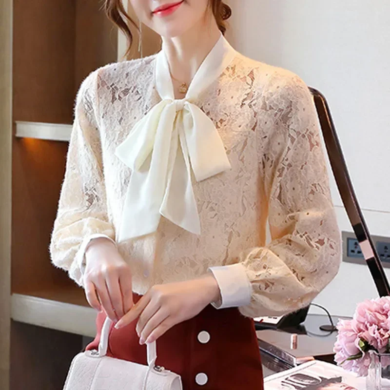 Новая женская рубашка с бантом и длинным рукавом бархатная утепленная кружевная