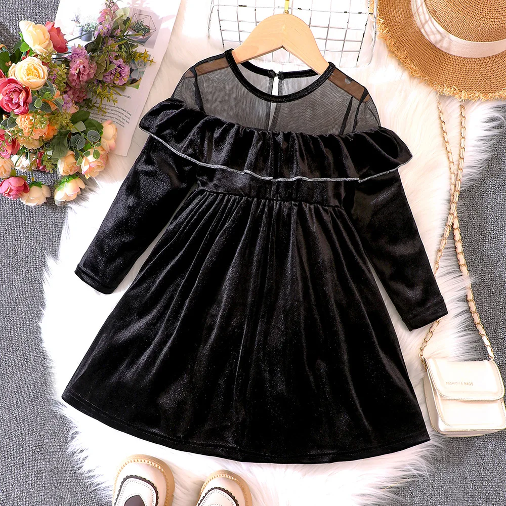 

2023 Winter New Girls Dress Long Sleeve O Neck Mesh Ruffles Black Cute Designer Girls Princess Dress Vestido 0-3T