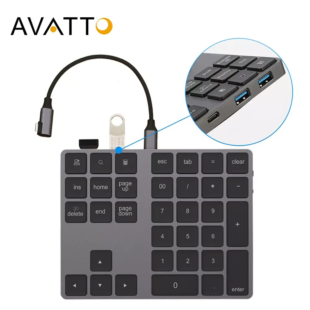 

AVATTO Aluminum Alloy Bluetooth Wireless Numeric Keypad with USB HUB Digital Input Function for Windows,Mac OS,Android laptop PC