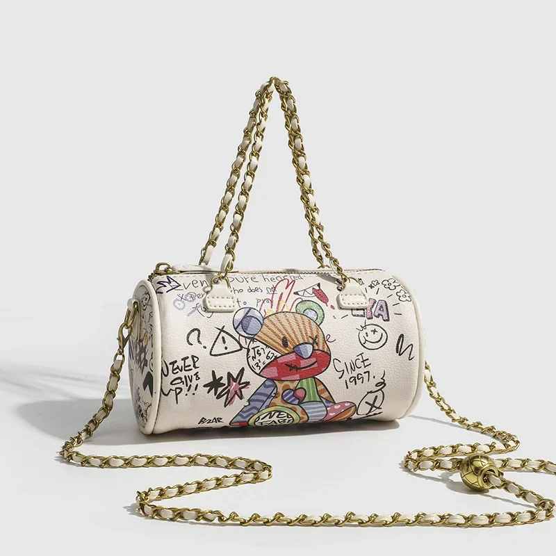 Женская сумка через плечо цилиндрическая Сумочка женская на цепочке с принтом
