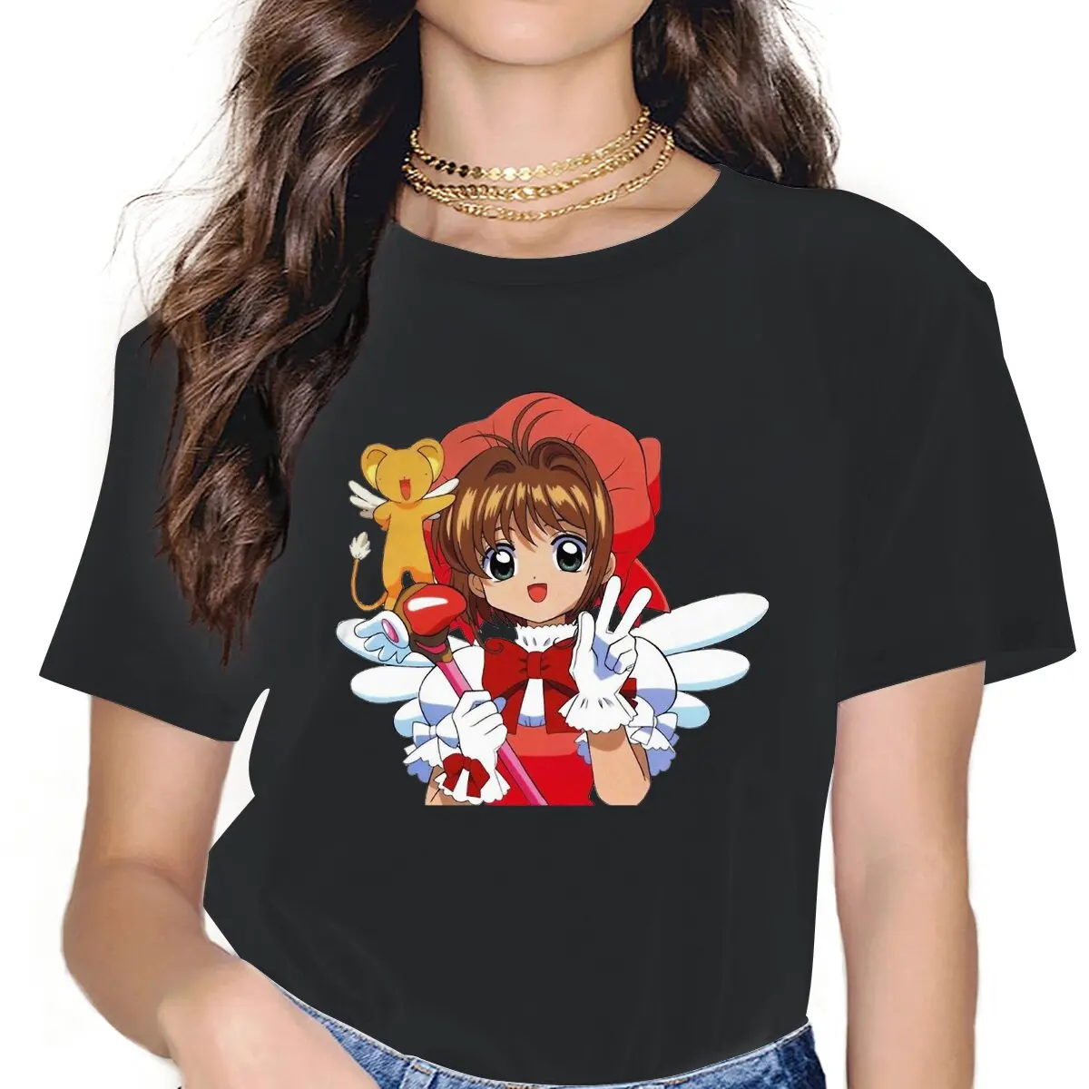 

Women Sakura Kinomoto T Shirt Cardcaptor Sakura 100% Cotton Clothes Novelty Short Sleeve Round Neck Tees Printed T-Shirt