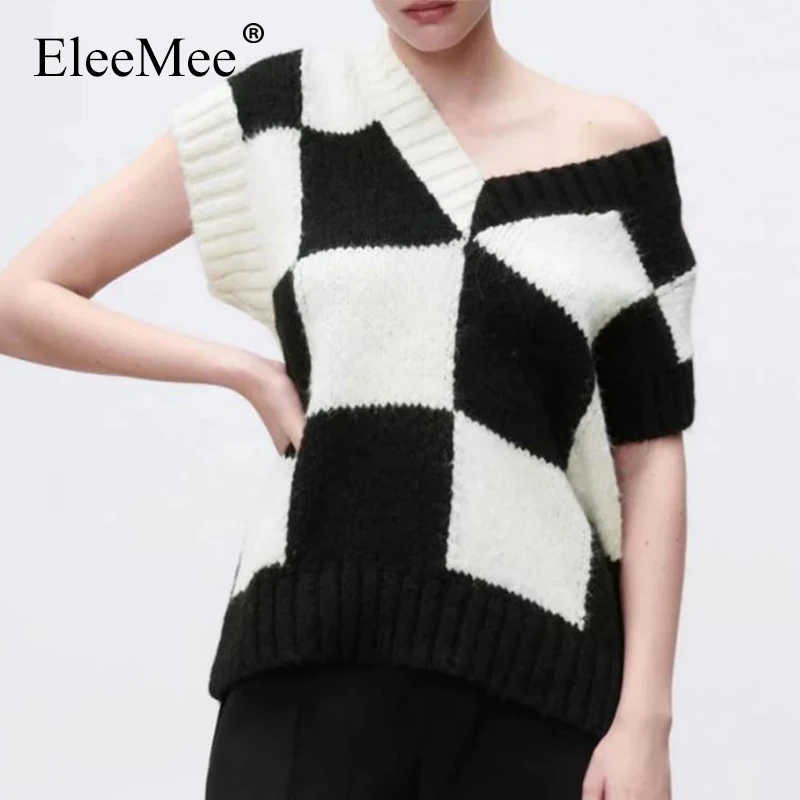 

EleeMee Women Vest Knitted Plaid Sleeveless Spring Autumn Pullover Daily Street 2022 New Arrival Fashion Female Tops Size S-L