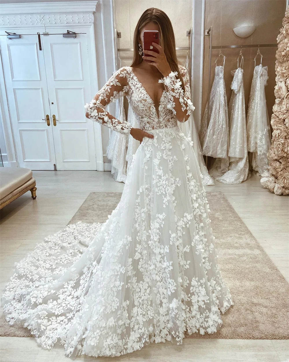 

Изысканные свадебные платья с 3D цветочной аппликацией 2023, Роскошные свадебные платья с длинным рукавом и длинным шлейфом, свадебное платье