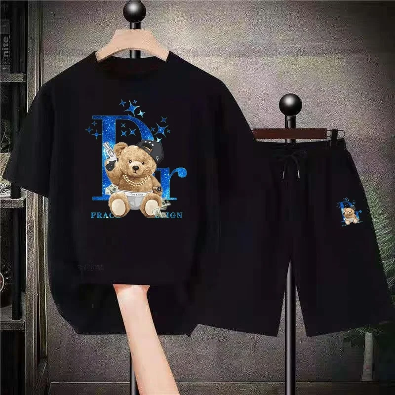 Mens Luxury Oversized Streetwear Funny Anime Tracksuits Hip Hop Bear Unisex T-Shirt Sets Summer Shirt Short Suit Fashion Outfits