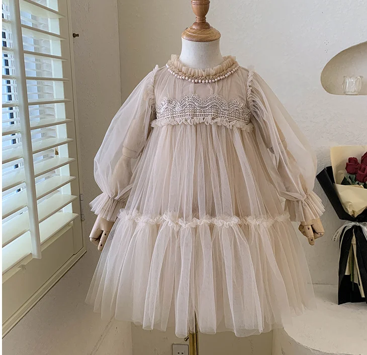 

Retail New Baby Girls Boutique Mesh Beading Spring Dress, Princess Kids Elegant Party Birthday Dress Holiday 2-6T