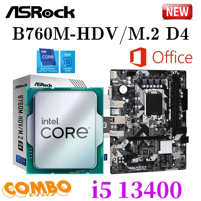 

ASRock B760M-HDV/M.2 D4 LGA 1700 Motherboard + Intel Core i5 13400 Combo Support DDR4 64GB Desktop PCIe 4.0 M-ATX Mainboard New