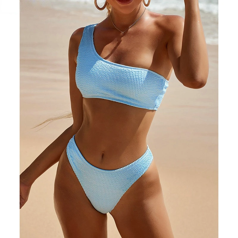 

Женский текстурированный комплект на одно плечо, сексуальное пляжное бикини, асимметричный купальник, комплект из 2 предметов из монохромн...