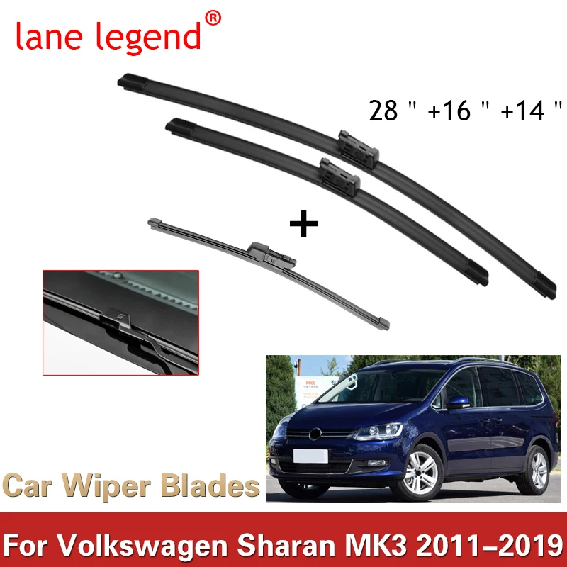

For VW Sharan MK3 2011-2019 28"+16"+14" Front Rear Wiper Blades Windshield Windscreen Window Cutter Accessories 2018 2019
