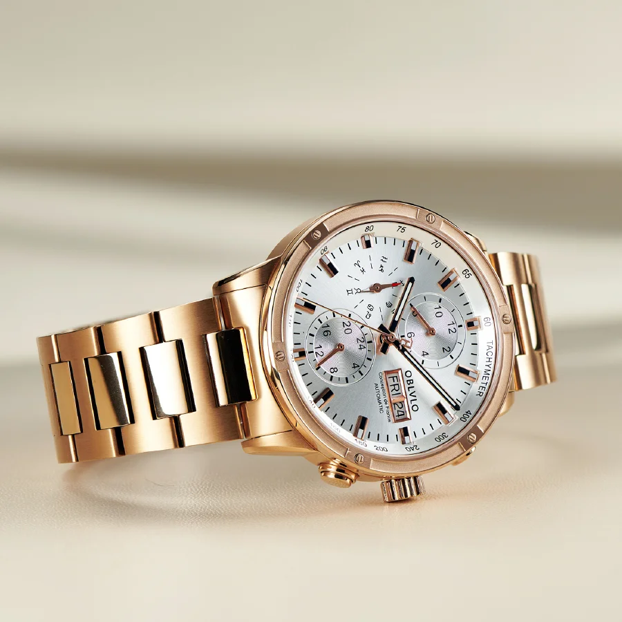 

OBLVLO Men Dress Automatic Watch Mechanical Stainless Steel Strap Sapphire Year Month Week Calendar 24-Hour Display Clock CM2