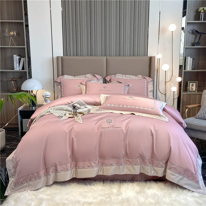 

Luxury 1000TC Egyptian Cotton Bedding Set light Pink Bed Linens Flat Sheet Set Bedspread Queen/King Size Bed Cover 4pcs
