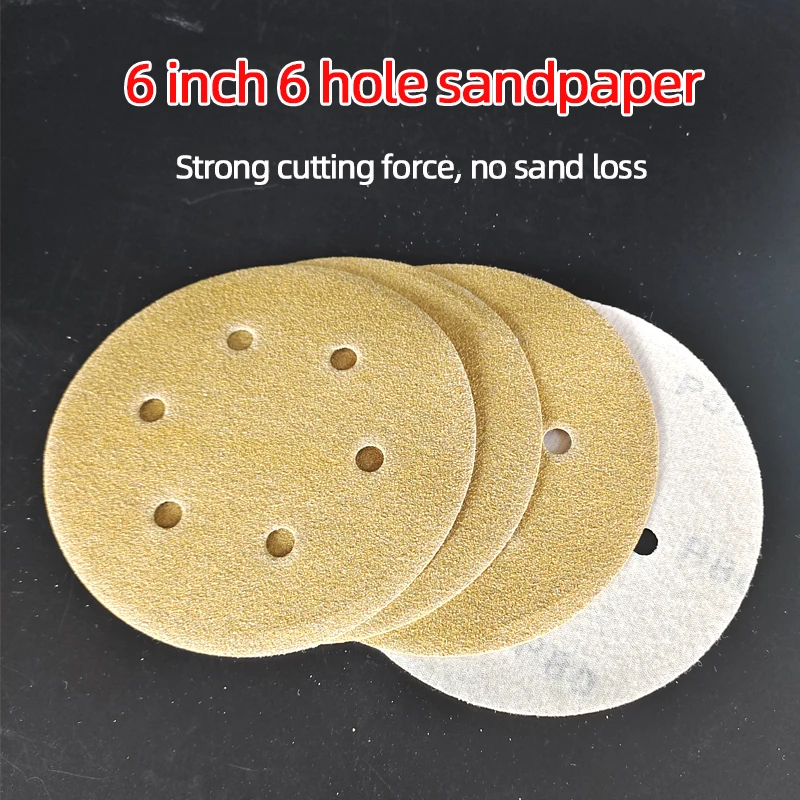 100 Pcs 6 Inch 6 Hole Sanding Paper Round Self-adhesive Flocking Sanding Putty Pneumatic Sanding Machine Sandpaper 150mm