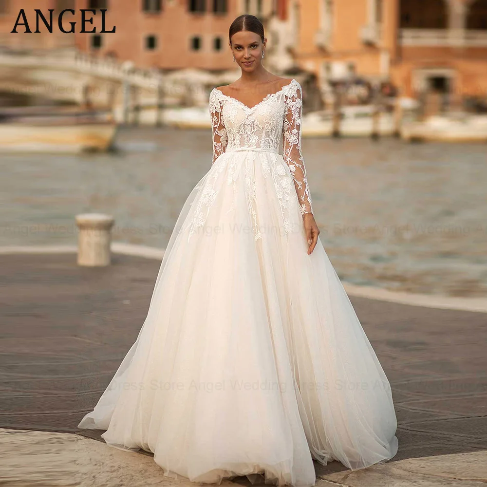 Классические свадебные платья ANGEL с v-образным вырезом для женщин 2025 г. длинными