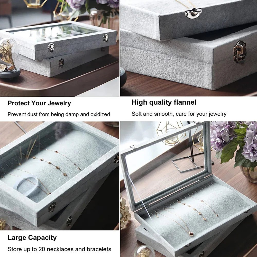 Crystals Velvet Jewelry Organizer Box 24 Grid Clear Lid Earrings Storage Case Ring Holder Stackable Necklace Tray Display Gift