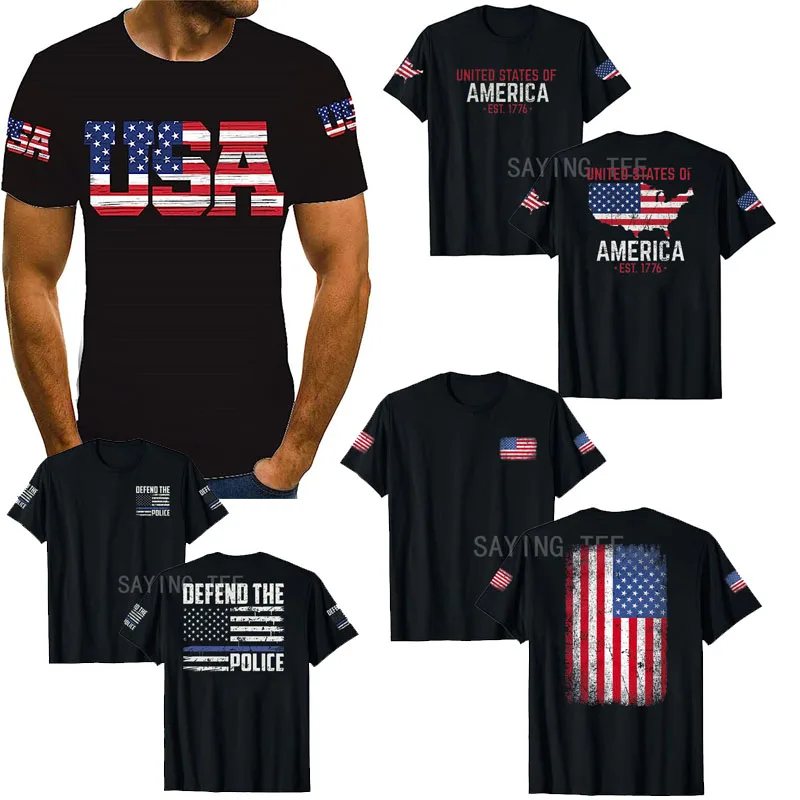 

American Flag T-Shirt Men July 4th Patriotic USA Stars and Stripes Tee Defend The Police Sayings Graphic Tee Tops Men Clothing