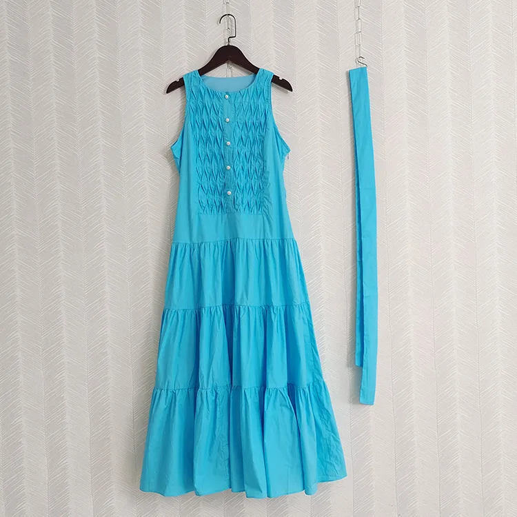 

Cotton Fabric Retro Tank Sleeveless Women Belt Sashes Dress Summer Patchwork Ruched Lady Ball Gown Long Dresses Vestidos