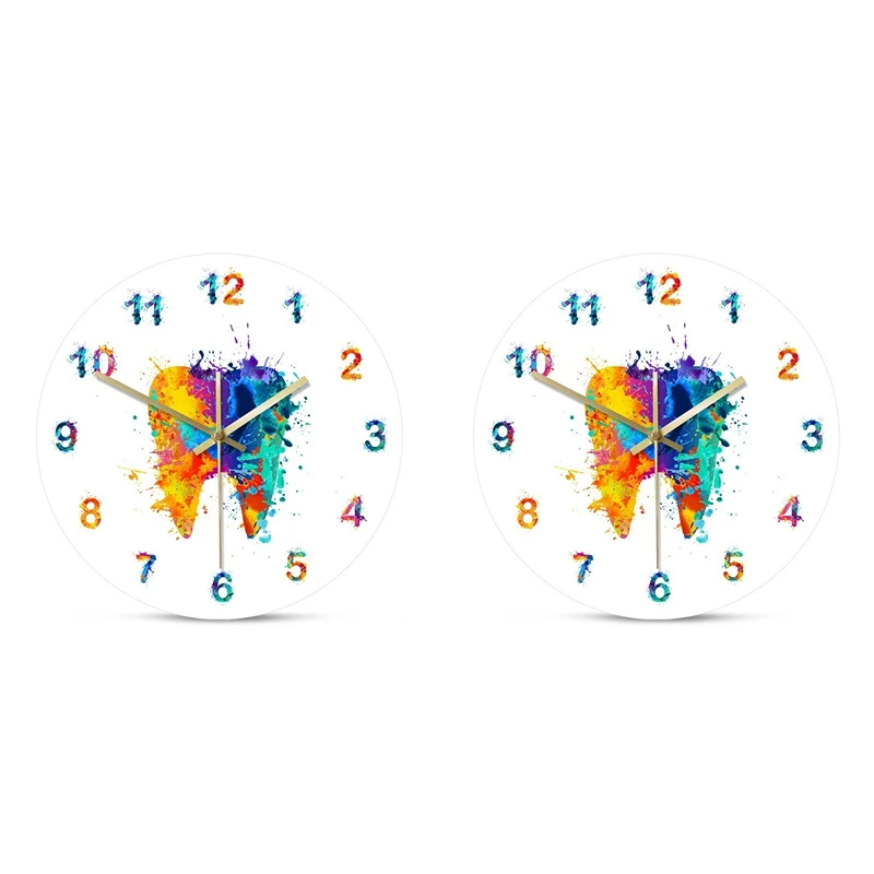 

2X Watercolour Tooth Painting Print Wall Clock Clinic Wall Art Non Ticking Wall Watch Orthodontist Dentist