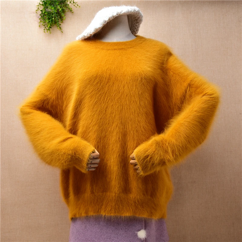 

04 Ladies Women Fall Winter Clothing Hairy Mink Cashmere Knitted O-Neck Long Batwing Sleeves Loose Pullover Angora Fur Sweater